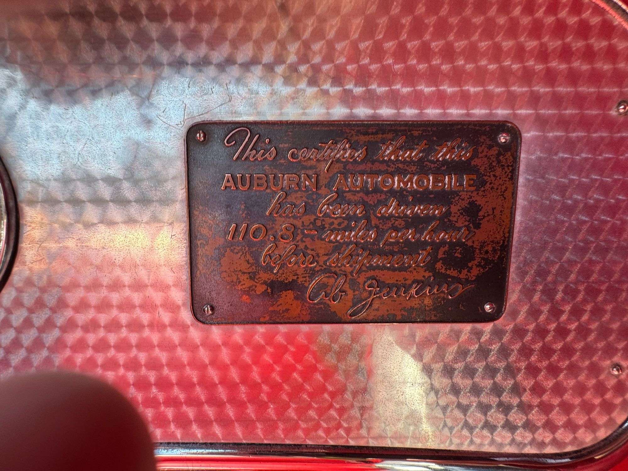 Ab Jenkins 100 MPH plaque in the 1936 Auburn 852 Supercharged Speedster