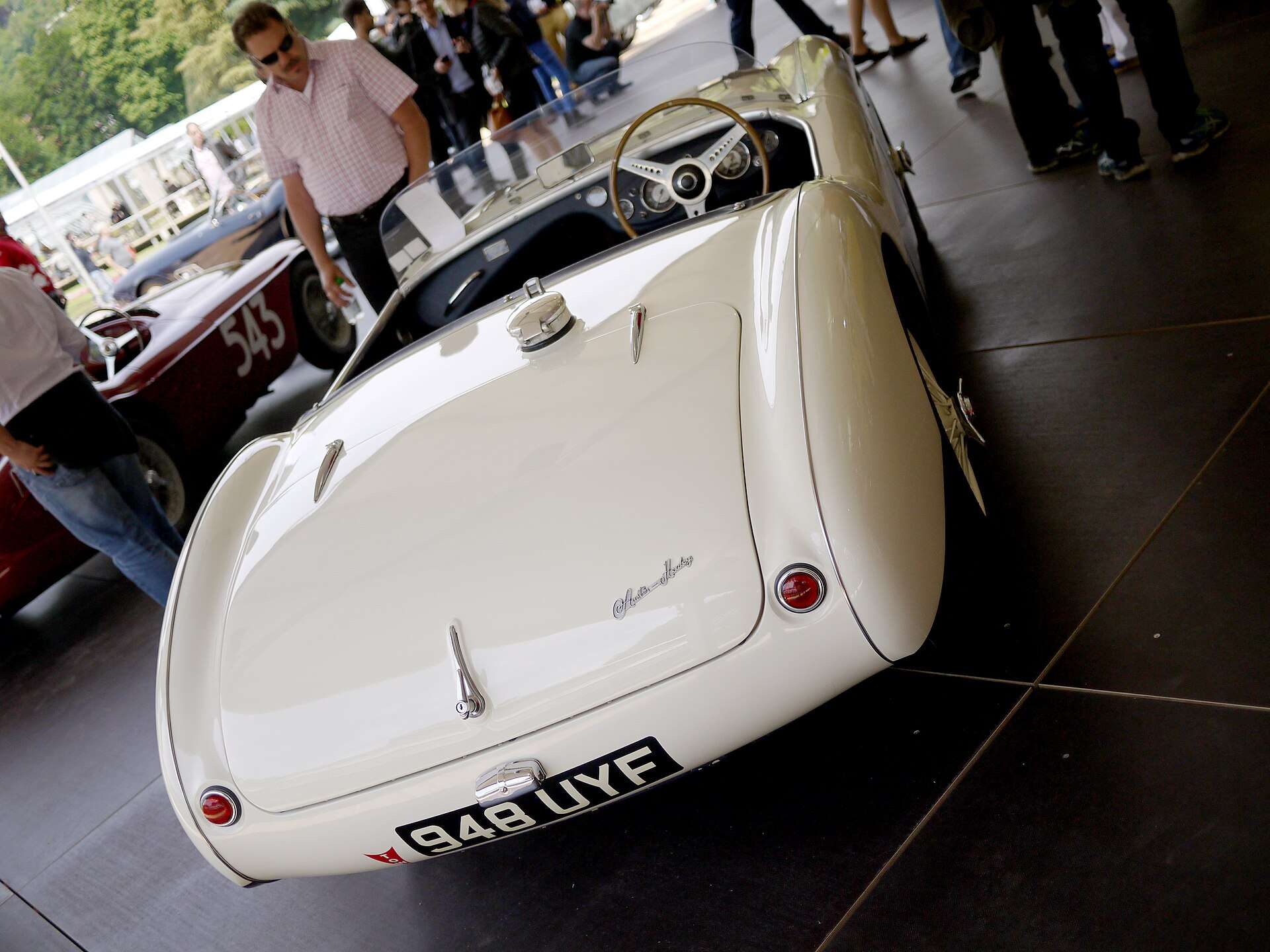 Rear view of a white 1955 Austin-Healey 100S cataloged as chassis AHS-3707, with a rounded tail and twin tail lamps