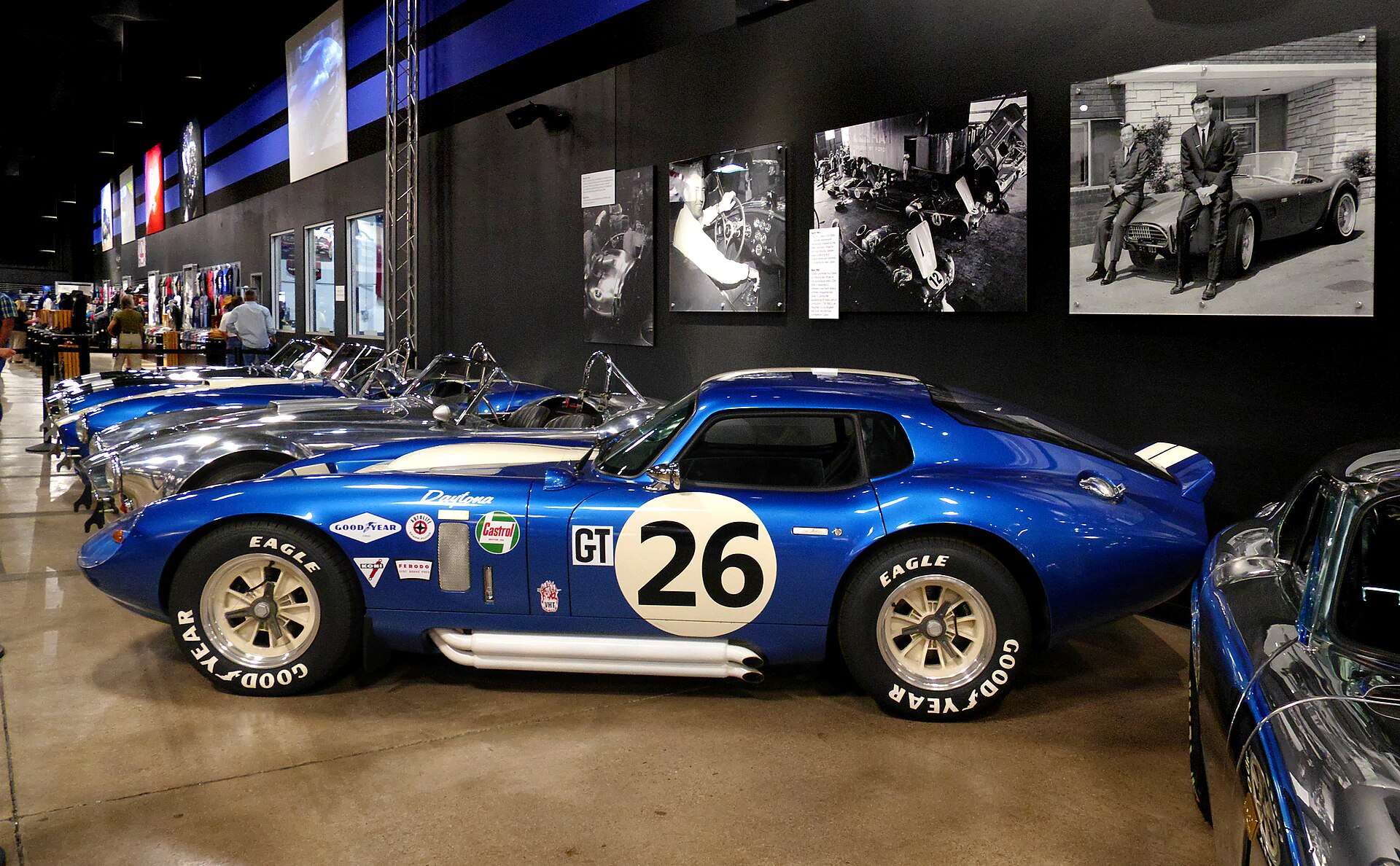 Blue Shelby Daytona Coupe number 26 on display inside the Carroll Shelby Museum in Las Vegas