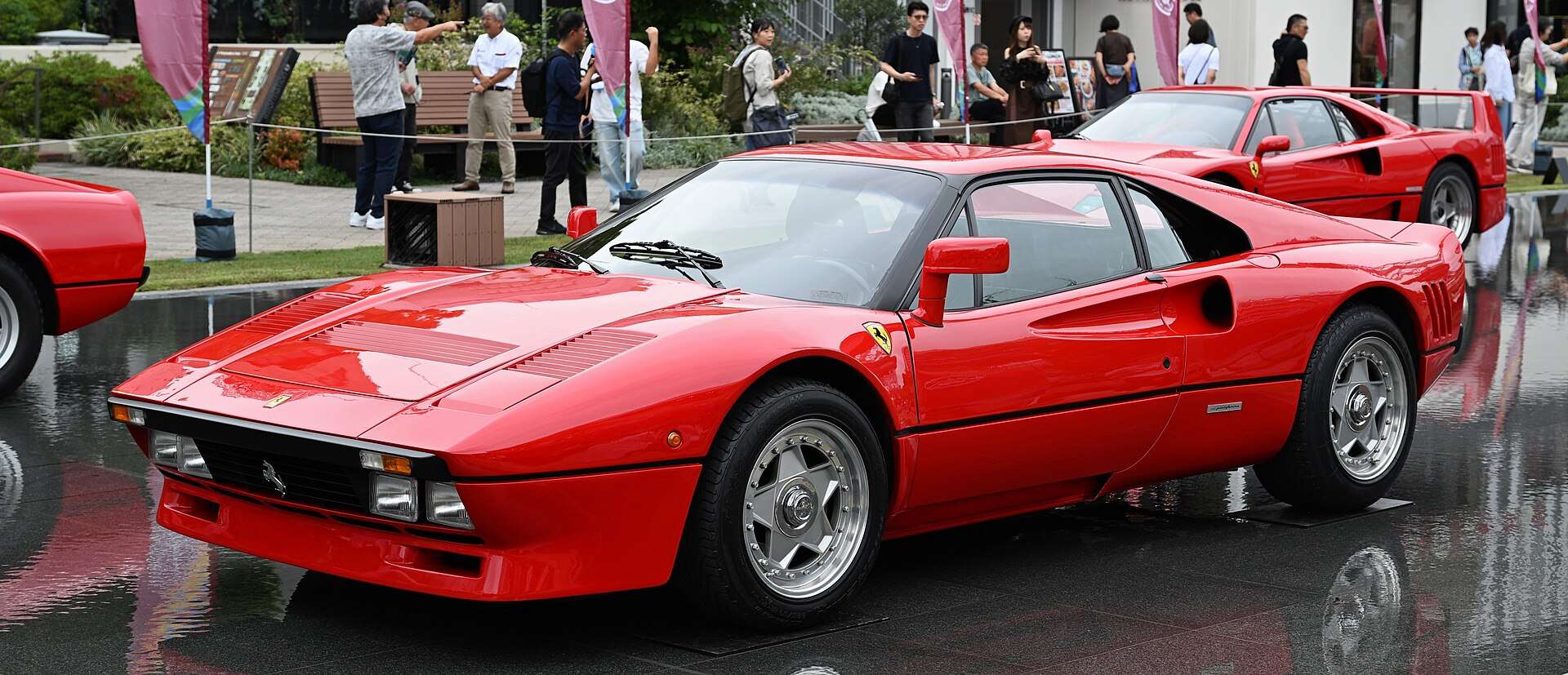 Front view of a red Ferrari 288 GTO, the predecessor to the F40