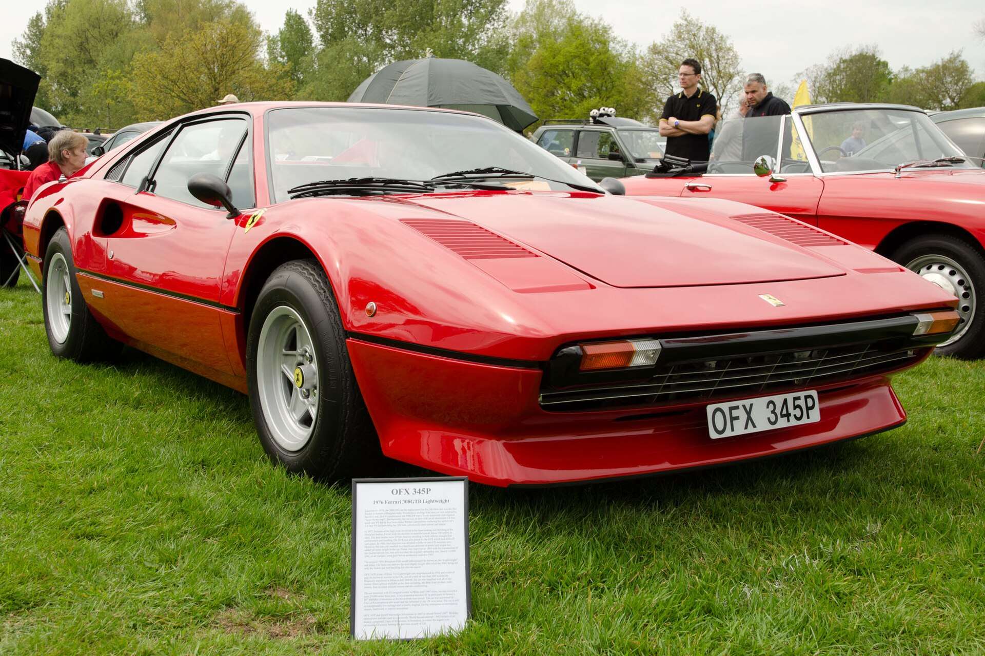 Red 1976 Ferrari 308 GTB parked on grass at a classic car show