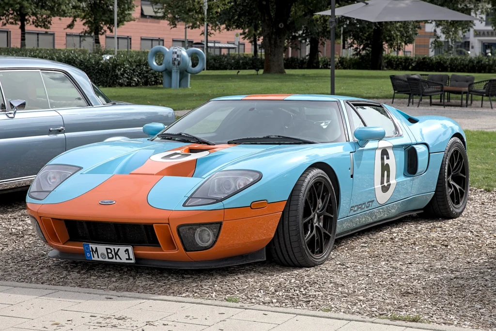 First-generation Ford GT in light blue and orange Gulf-inspired Heritage livery with number 6 roundel