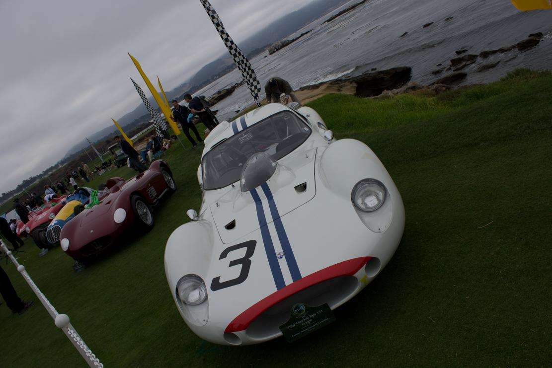 Side view of a 1962 Maserati Tipo 151 coupe, the long-tailed Le Mans prototype built for Briggs Cunningham