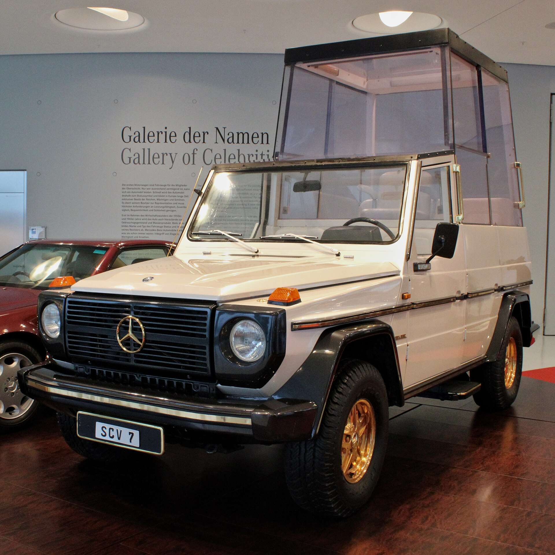 Mercedes-Benz 230 G popemobile with raised rear seat and transparent dome built for Pope John Paul II