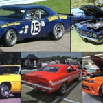 Grid of a Penske Sunoco Camaro Z/28 race car, a 1969 Camaro ZL1, a yellow 1969 Camaro, a 1969 Yenko Camaro and a modern COPO Camaro