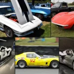Grid of a 1967 Corvette Sting Ray 427 coupe, 1969 Corvette convertible, C8 Corvette ZR1, C3 Corvette race car and Corvette ZR1X