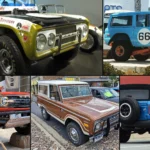 Grid of the Big Oly Bronco race truck, a 1966 Bronco, a Bronco Raptor, a brown first-generation Bronco and a blue 2021 Bronco