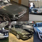 Grid of the original Bullitt Mustang, a 1965 Shelby GT350R race car, a 1967 Shelby GT500, the Eleanor Mustang and a modern Shelby GT500