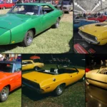Grid of a green 1969 Dodge Charger Daytona, a yellow 1970 Plymouth Hemi Cuda convertible, an orange Plymouth Superbird, a yellow Dodge Challenger convertible and the Dodge Firearrow II concept