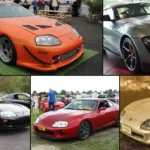 Grid of an orange Fast and Furious-style Toyota Supra, a matte gray GR Supra, and black, red and silver fourth-generation Supras