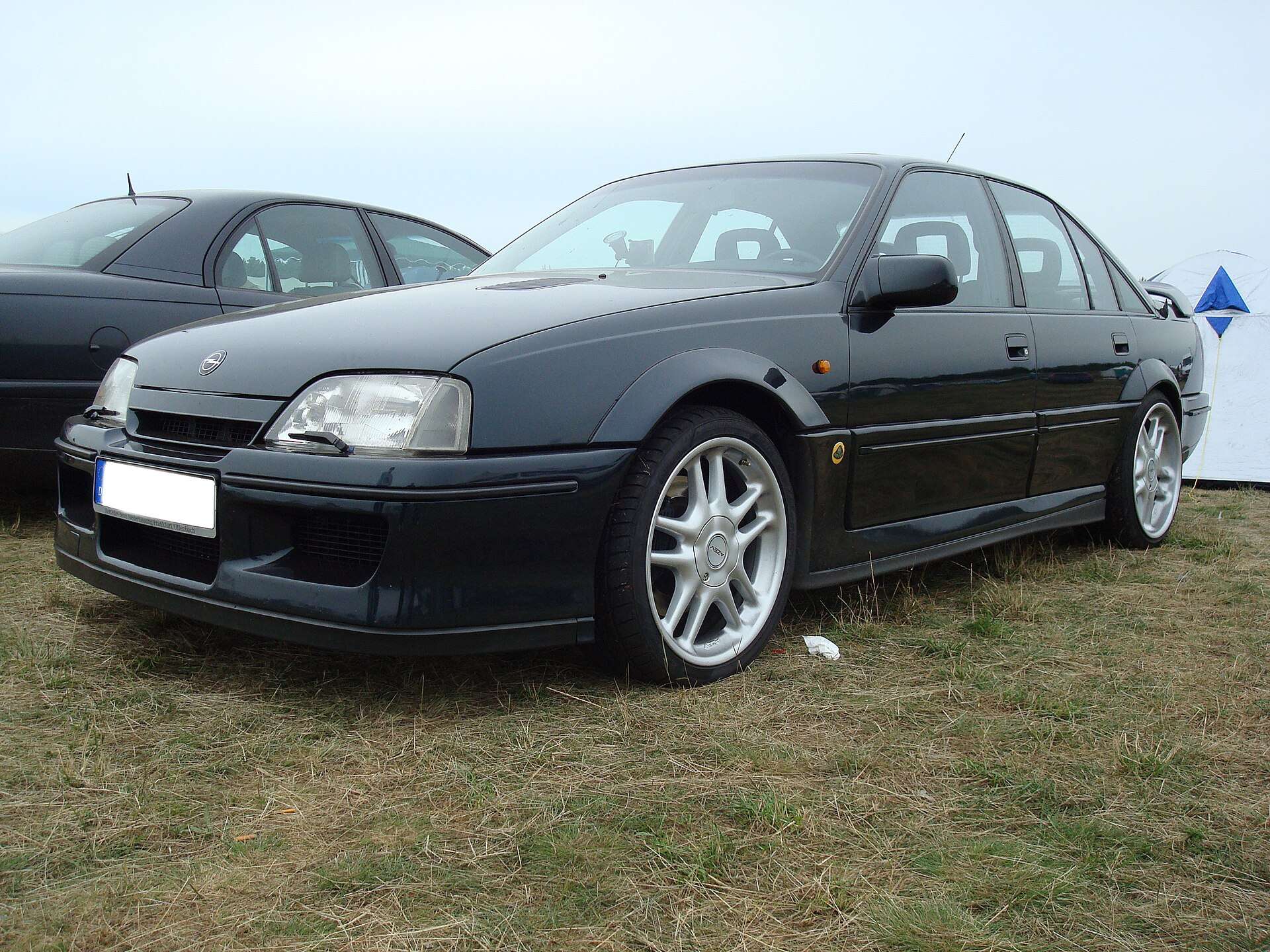Side profile of a dark Opel Lotus Omega on a grass show field