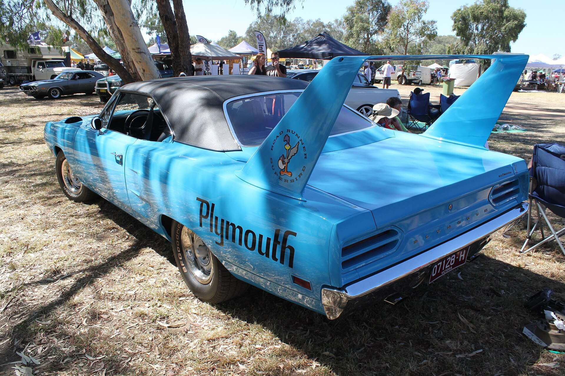 Rear three-quarter view of a 1970 Plymouth Superbird with its tall rear wing