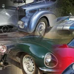 Blended composite of six of the rarest classic cars ever made: Mercedes-Benz 300 SLR Uhlenhaut Coupe, Bugatti Type 57SC Atlantic, Shelby Daytona Coupe, Bugatti Royale, Jaguar XKSS and Alfa Romeo 33 Stradale