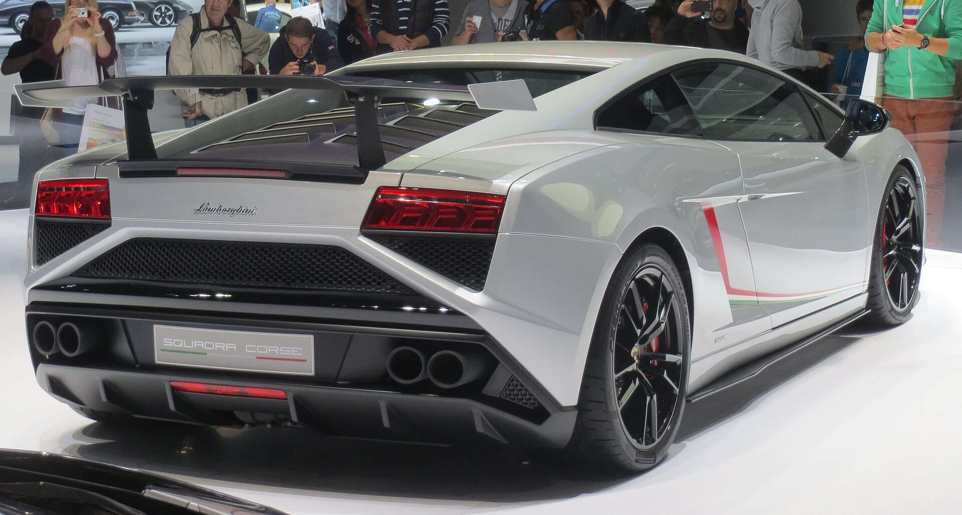 Rear three-quarter view of the Lamborghini Gallardo LP570-4 Squadra Corse showing its fixed carbon-fiber rear wing
