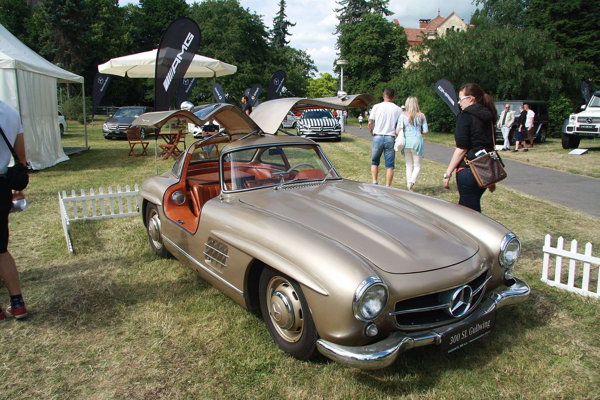 A silver Mercedes-Benz 300 SL Gullwing displayed at a car show