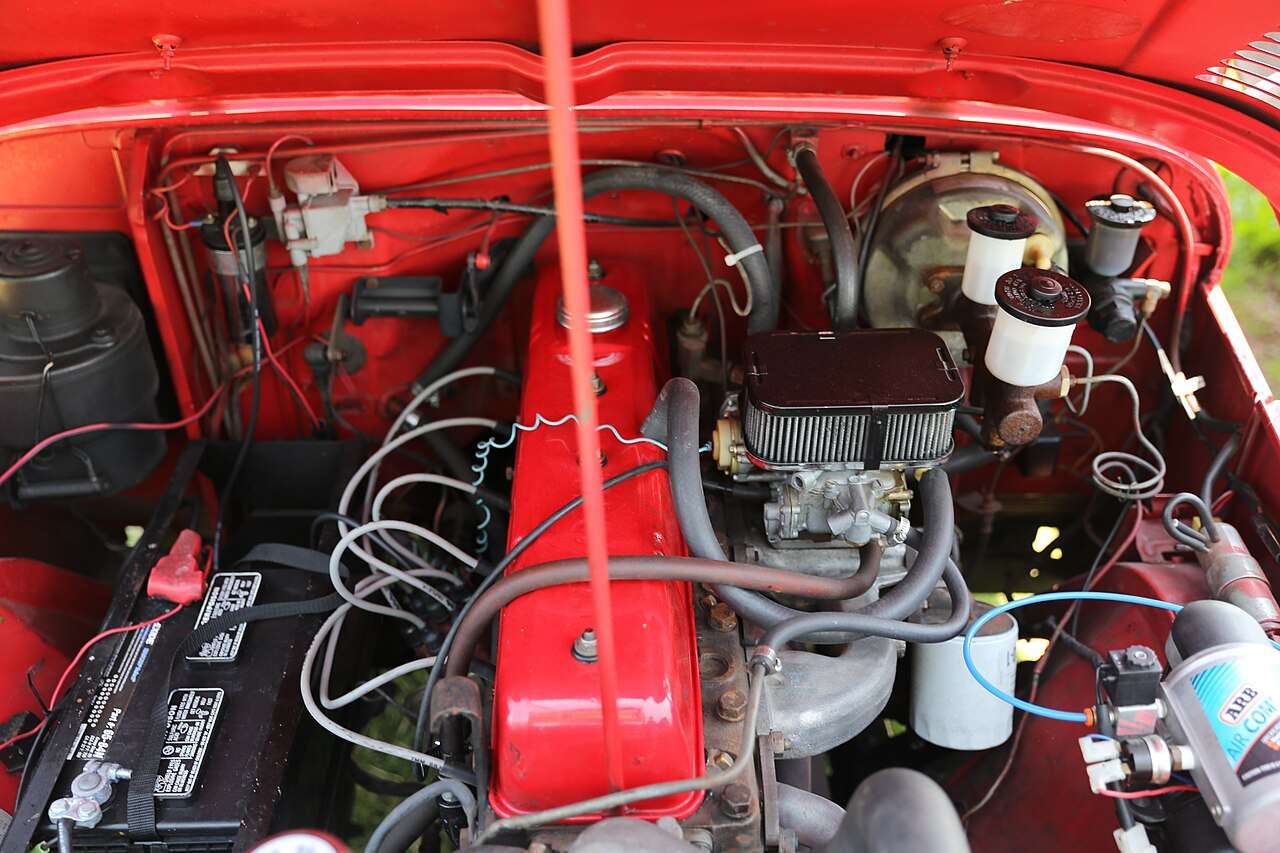 Toyota F 3.9-liter inline-six under the hood of a 1971 FJ40 Land Cruiser at a Bonhams auction