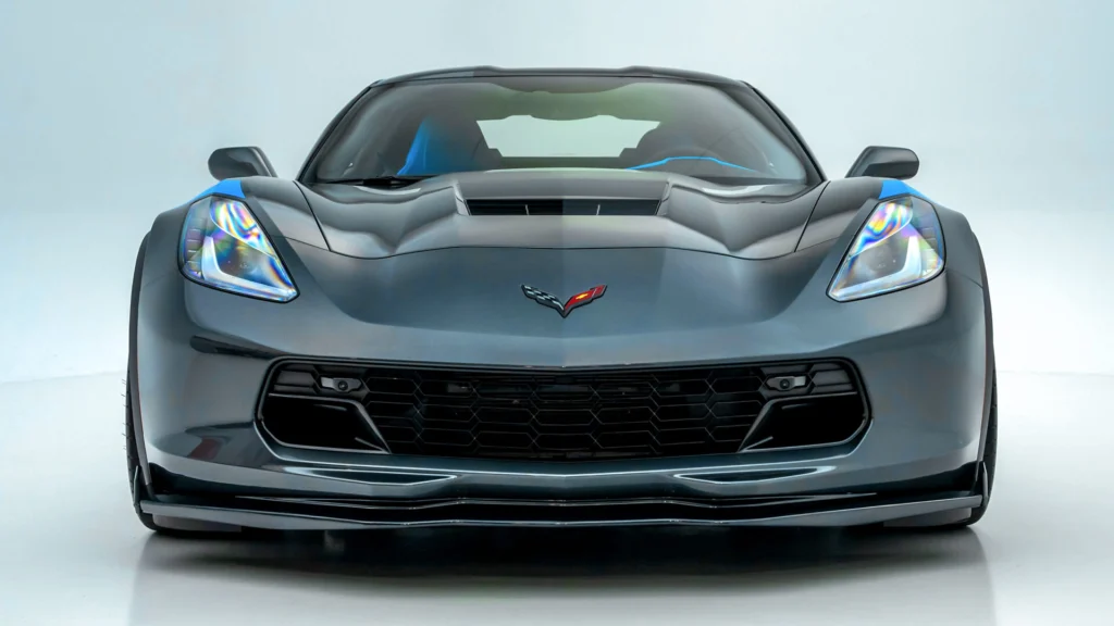 Front view of the 2017 Corvette Grand Sport Collector Edition in Watkins Glen Gray with blue accents